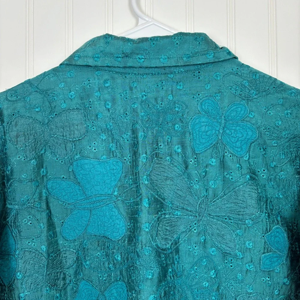 Vintage Chico's Teal Floral Button Up Blouse L Butterfly Silk Artsy Boho Retro - Picture 4 of 10